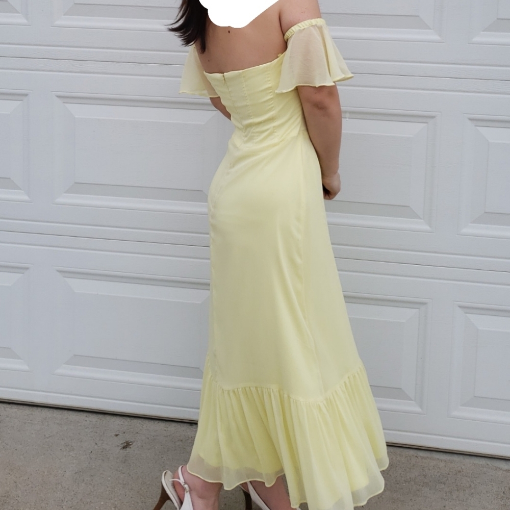 strappless yellow flowy dress